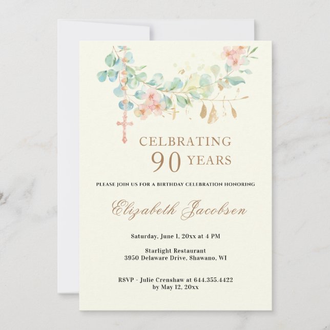 Invitación Eucaliptos de cumpleaños religioso Rosario de la E (Anverso)