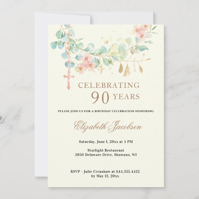 Invitación Eucaliptos Religiosos De Cumpleaños Escritura Rosa (Anverso)