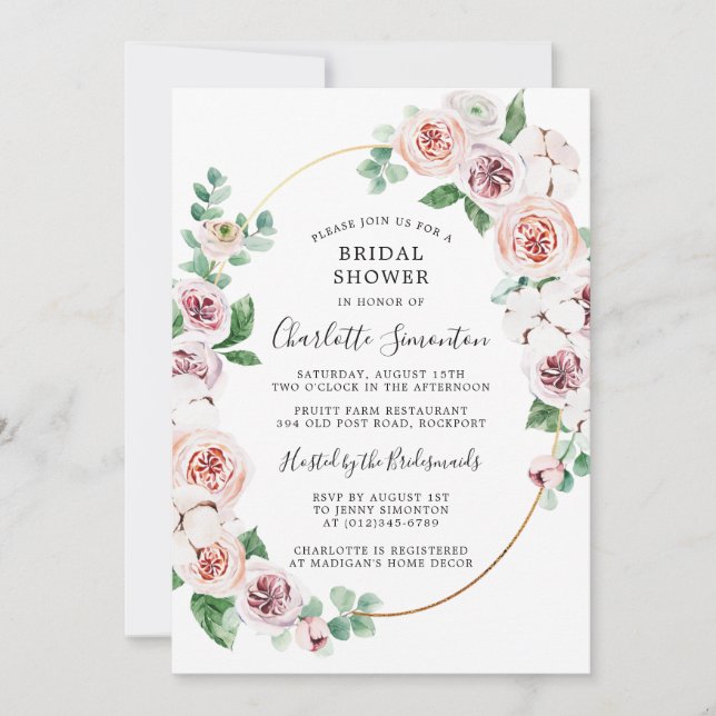 Invitación Eucaliptus floral blanca rosa Ducha de novia (Anverso)