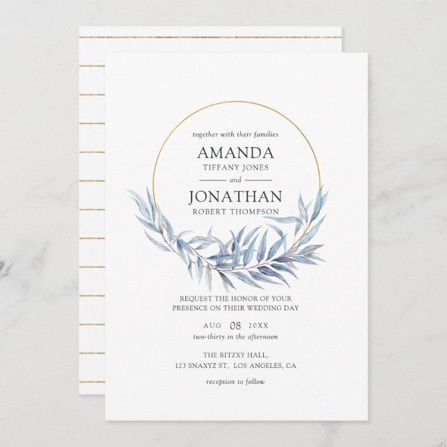 Invitación Eucaliptus geométrico azul y oro deja Boda (Anverso / Reverso)