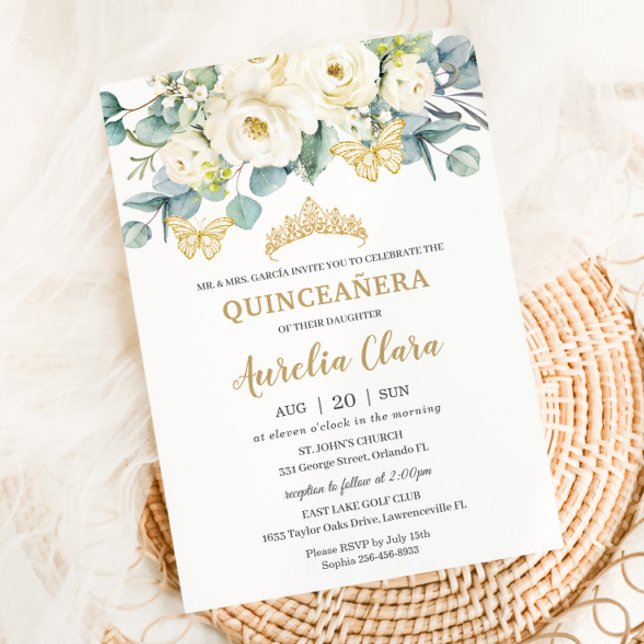 Invitación Eucaliptus Quinceañera floral de marfil blanco rús (Subido por el creador)