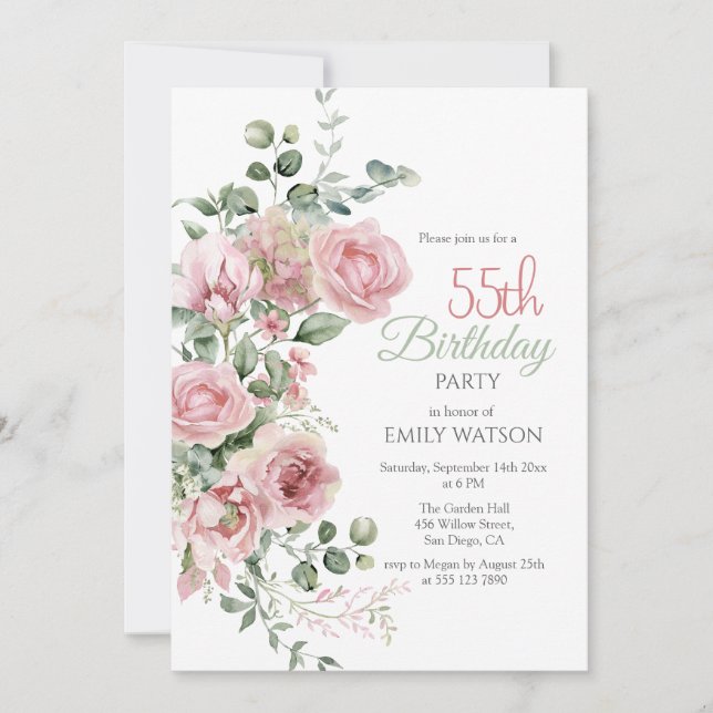 Invitación Eucalypt, Rosa de Verdor de Rubor, 55º cumpleaños (Anverso)