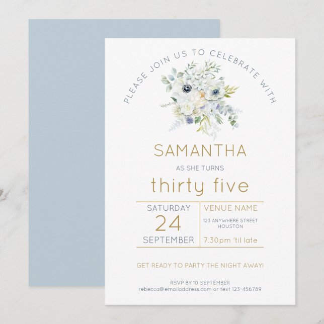 Invitación Eucalyptus 35ª fiesta de cumpleaños de White Flora (Anverso / Reverso)