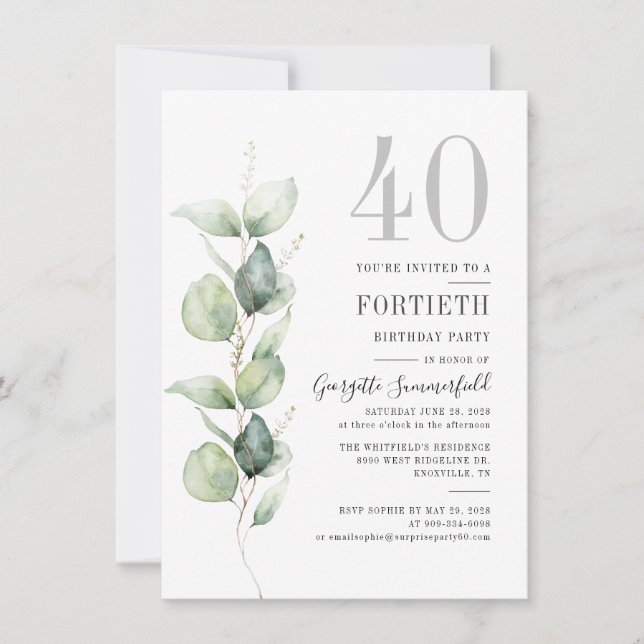 Invitación Eucalyptus 40.º Fiesta de cumpleaños (Anverso)