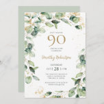 Invitación Eucalyptus 90º cumpleaños<br><div class="desc">Este exquisito eucalipto acuarela con adornos de hojas de oro y puntos salpicados de oro es la invitación a la fiesta de cumpleaños 90, perfecta para una gran celebración. Su diseño florido suave es moderno pero tradicional. Seleccione Personalizar esta plantilla para convertirla de forma única en la suya. En segundos...</div>