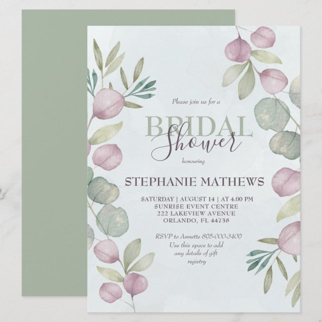 Invitación Eucalyptus acuarela Dusty Blue Bridal Shower (Anverso / Reverso)