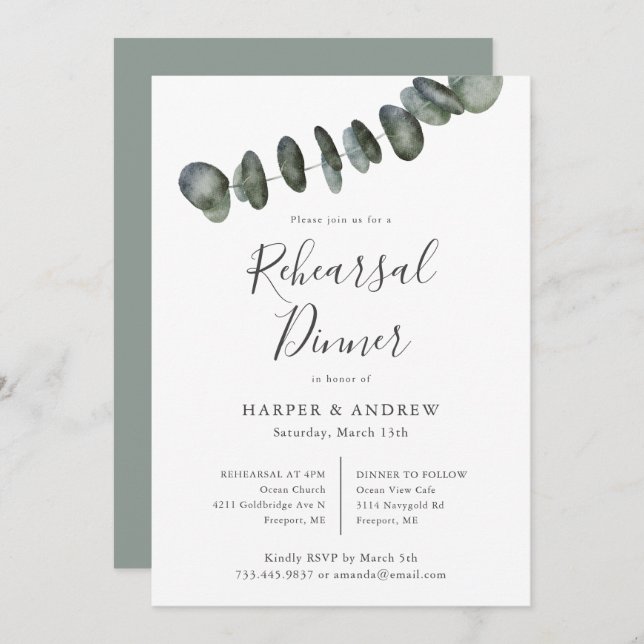 Invitación Eucalyptus acuarela Ensayo botánico Cena (Anverso / Reverso)