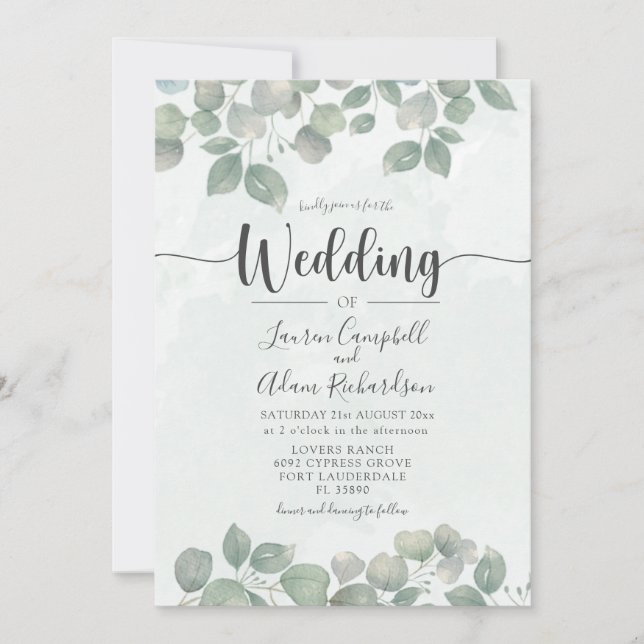 Invitación Eucalyptus acuarela Sage Green Boda (Anverso)