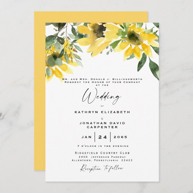Invitación Eucalyptus acuarela y amarillo (Anverso / Reverso)