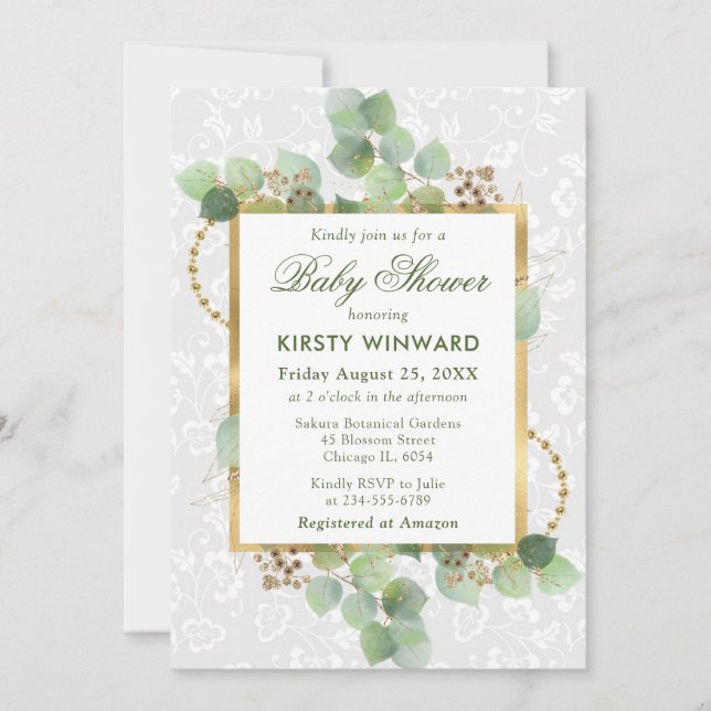 Invitación Eucalyptus acuarela y Baby Shower verde (Anverso)