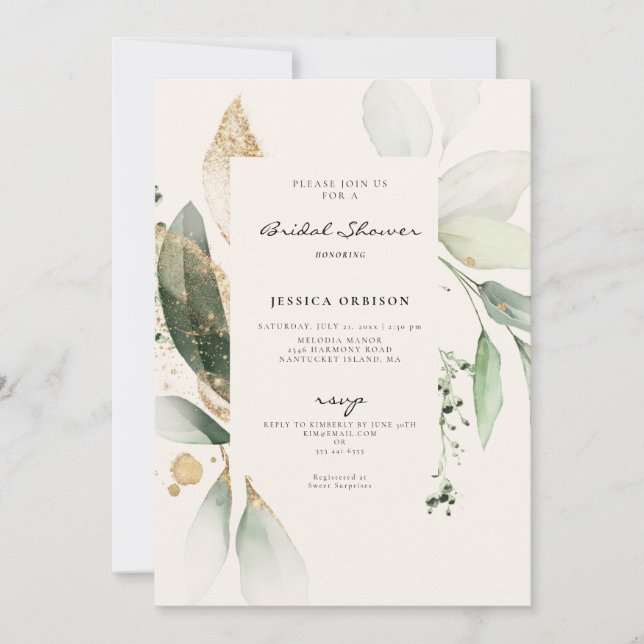 Invitación Eucalyptus Agua Botánica Bridal Shower Ecru (Anverso)