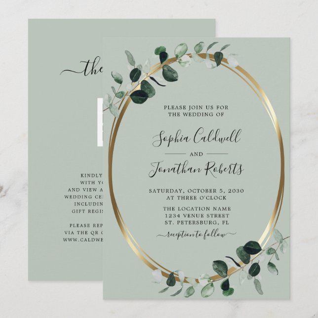 Invitación Eucalyptus All in One QR Code RSVP Sage Boda en (Anverso / Reverso)