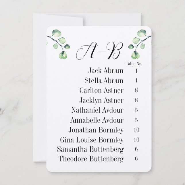 Invitación Eucalyptus Alphabetical 10 Guest Table Chart Cards (Reverso)