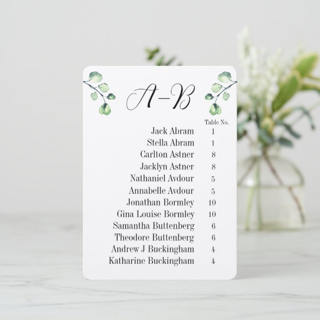 Invitación Eucalyptus Alphabetical 12 Guest Table Chart Cards (Anverso de pie)