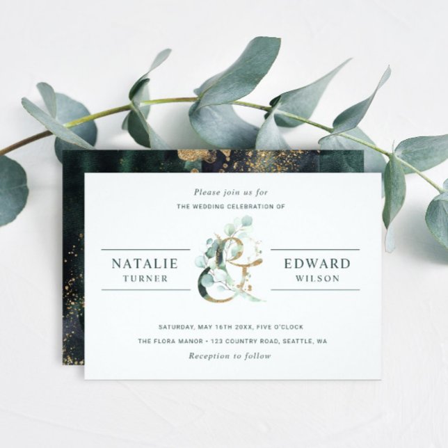 Invitación Eucalyptus Ampersand Gold Green Boda (Front & Back)