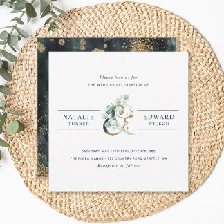 Invitación Eucalyptus Ampersand Gold Green Boda Square