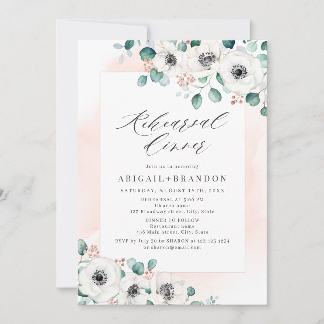 Invitación Eucalyptus anemona cena de ensayo floral (Anverso)