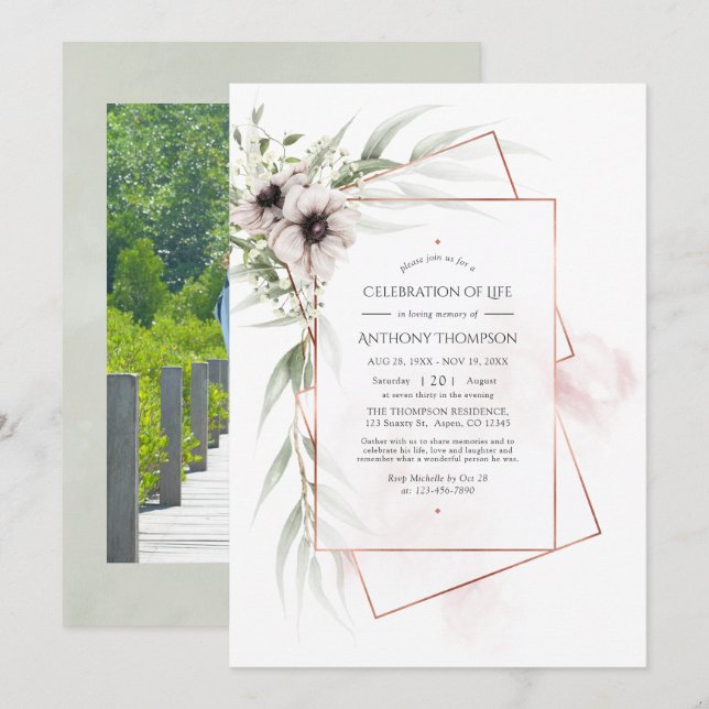 Invitación Eucalyptus Anemone Celebración Geométrica de la Vi (Anverso / Reverso)