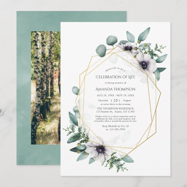 Invitación Eucalyptus Anemone Celebración Geométrica de la Vi (Anverso / Reverso)