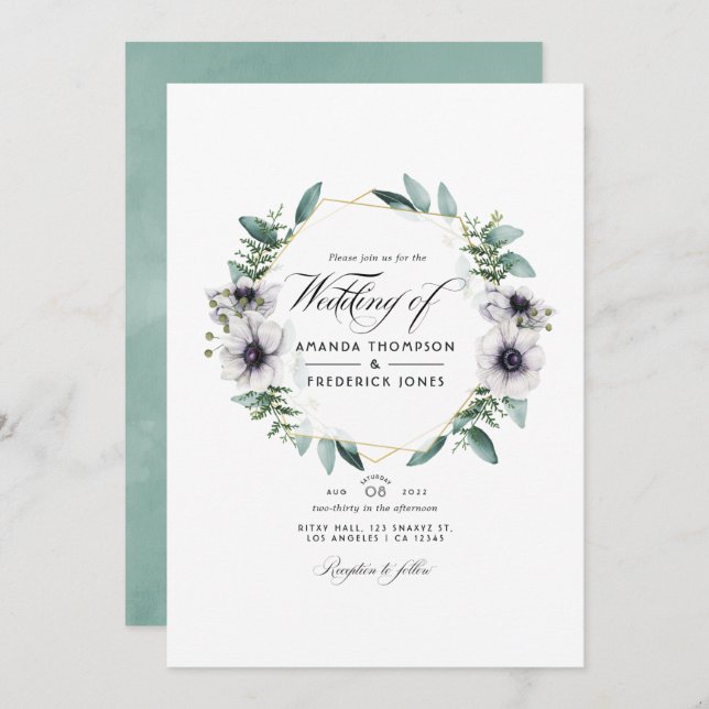 Invitación Eucalyptus Anemone Código QR geométrico Boda RSVP (Anverso / Reverso)