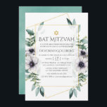 Invitación Eucalyptus Anemone Geometric Bat Mitzvah<br><div class="desc">Flores de eucalipto geométricas y adormidera en tonos pastel invitan a mitzvah con marco geométrico dorado y acuarela a la inversa.</div>
