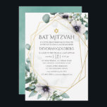 Invitación Eucalyptus Anemone Geometric Bat Mitzvah<br><div class="desc">Flores de eucalipto geométricas y adormidera en tonos pastel invitan a mitzvah con marco geométrico dorado y acuarela a la inversa.</div>
