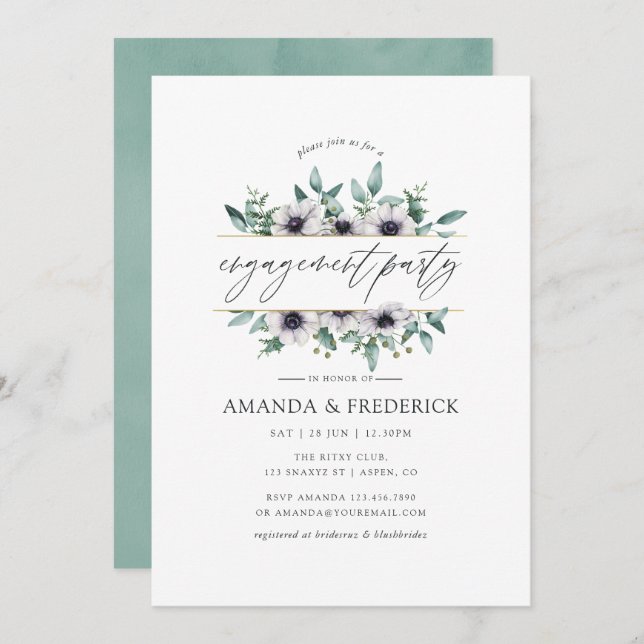 Invitación Eucalyptus Anemone Geometric Engagement Party (Anverso / Reverso)