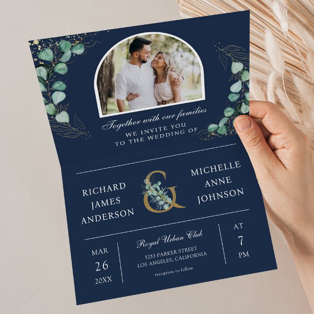 Invitación Eucalyptus Arch Photo Navy Blue QR Code Wedding (Subido por el creador)