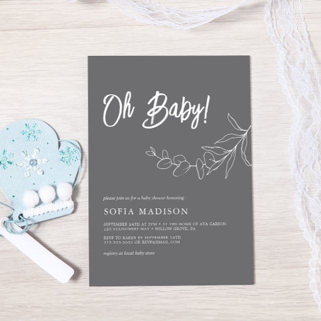 Invitación EUCALYPTUS Baby Shower gris Minimalista (Subido por el creador)