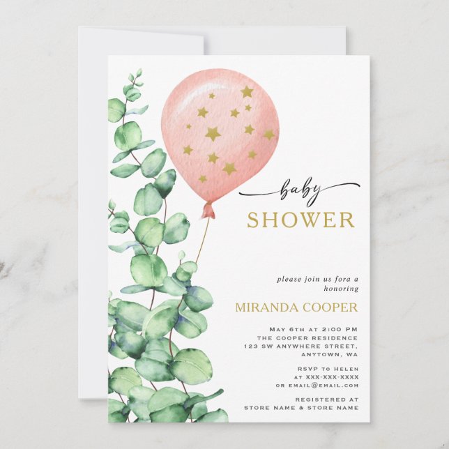 Invitación Eucalyptus Balloon Baby Girl Shower (Anverso)