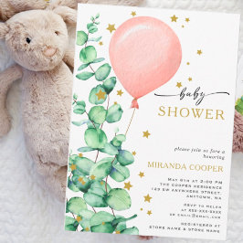 Invitación Eucalyptus Balloon Baby Girl Shower Gold stars