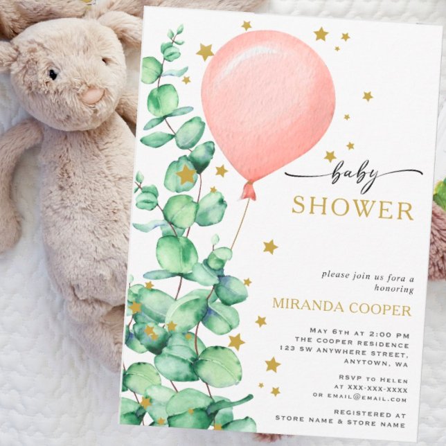 Invitación Eucalyptus Balloon Baby Girl Shower Gold stars (Subido por el creador)
