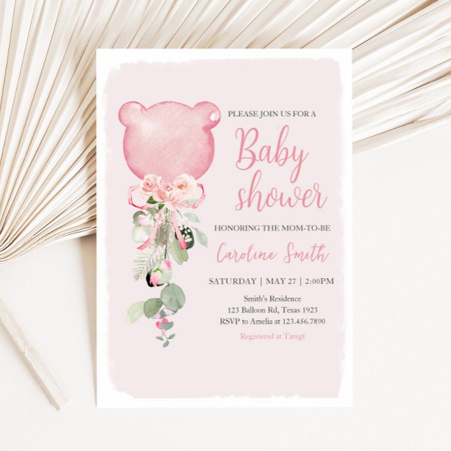 Invitación Eucalyptus Balloon Baby Shower (Pink Floral Eucalyptus Bear Balloon Baby Shower Invitation
)