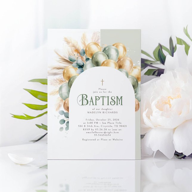 Invitación Eucalyptus Baptismo del Arco del Boho de Sage y Or (Gold and Green Balloons Elegant Baptism Invitations)