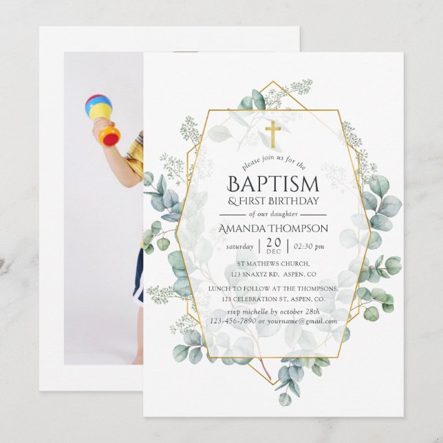 Invitación Eucalyptus Baptismo Geométrico 1er cumpleaños Foto (Anverso / Reverso)