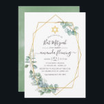 Invitación Eucalyptus Bat Mitzvah<br><div class="desc">Invitación de mitzvah de murciélago de eucalipto forestal con marco geométrico dorado y elegante personalizable de tipografía de escritura a mano para los detalles del evento.</div>