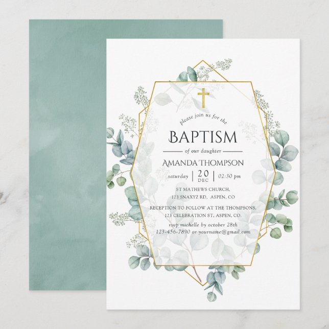 Invitación Eucalyptus Bautismo Geométrico (Anverso / Reverso)