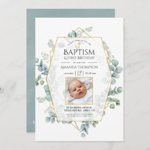 Invitación Eucalyptus Bautismo Geométrico Primer Cumpleaños