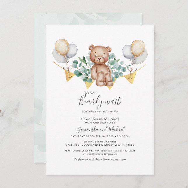 Invitación Eucalyptus Bear Botanical Bearly Wait Baby Shower (Anverso / Reverso)