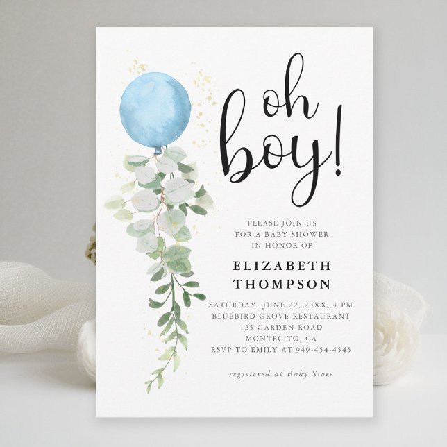 Invitación Eucalyptus Blue Balloon Elegtus Oh Boy Baby Shower (oh boy baby shower invitation blue balloon eucalyptus greenery watercolor modern calligraphy elegant)