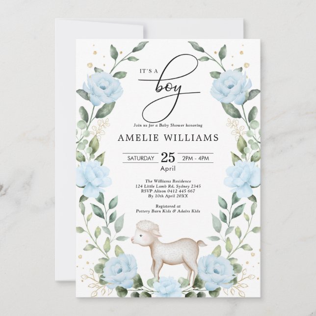 Invitación Eucalyptus Blue Flower Lamb Boy Baby Shower (Anverso)