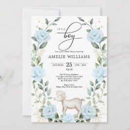 Invitación Eucalyptus Blue Flower Lamb Boy Baby Shower