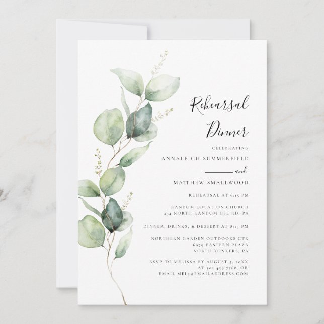Invitación Eucalyptus Boda Botánico Ensayo Cena (Anverso)