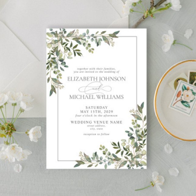 Invitación Eucalyptus Boda de escritura verde salchicha botán (Subido por el creador)