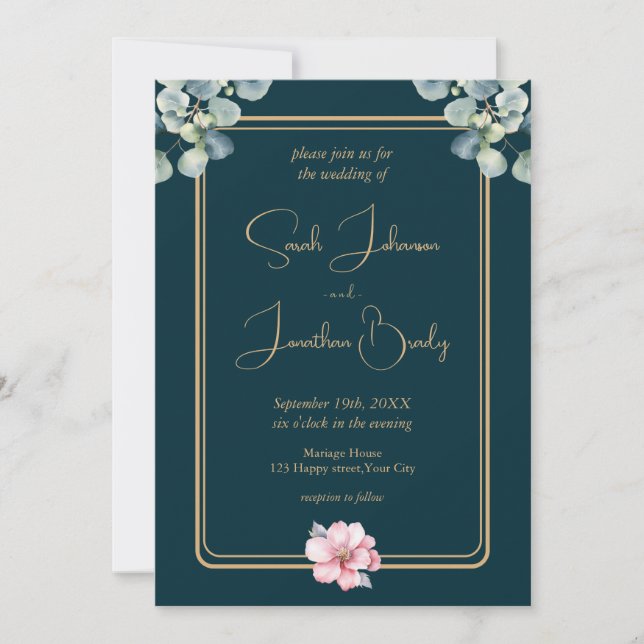 Invitación Eucalyptus Boda de flor rosa de oliva (Anverso)
