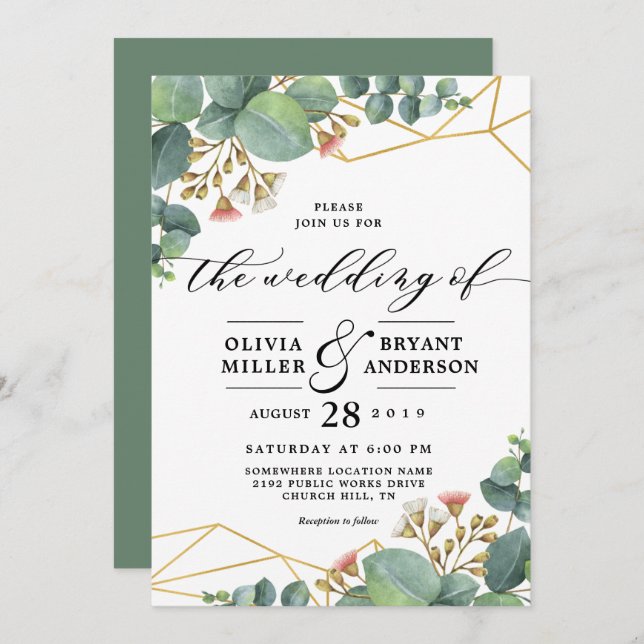 Invitación Eucalyptus Boda de forma geométrica de oro (Anverso / Reverso)