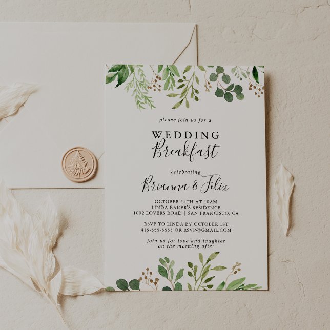 Invitación Eucalyptus Boda Floral Marrón Simple Desayuno (Subido por el creador)
