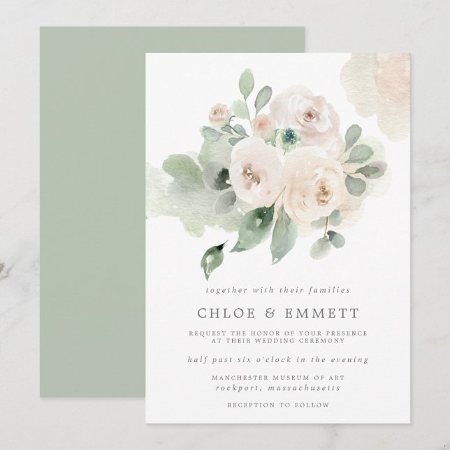 Invitación Eucalyptus Boda Floral Rosa Blanca (Anverso / Reverso)