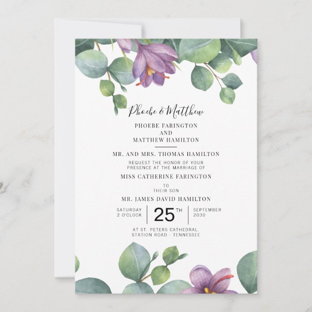 Invitación Eucalyptus Boda Suculento Morado Verde Floral (Anverso)