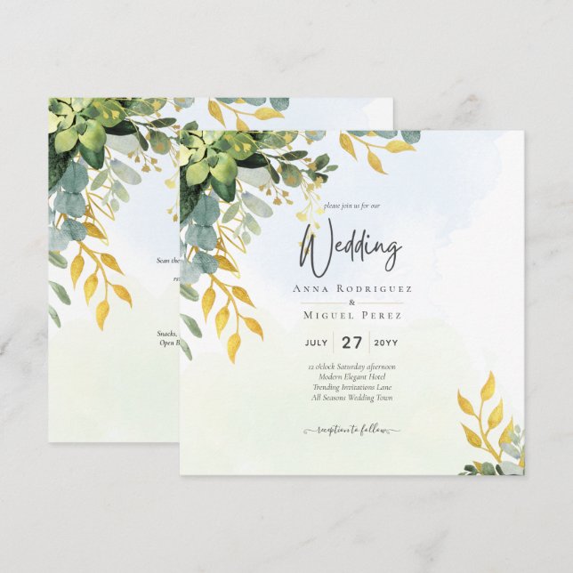 Invitación Eucalyptus Boda Verde de Oro Invitan a la Verdor (Anverso / Reverso)